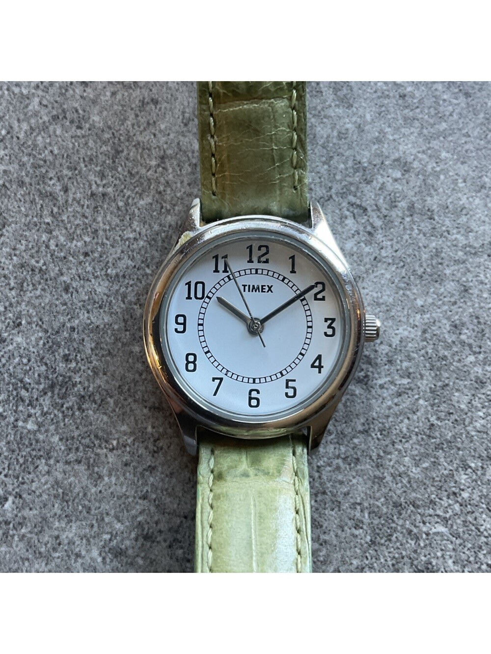 Timex Women’s Watch Silver Tone With White Dial And Light Green Leather Band B-N